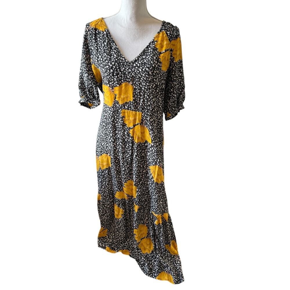 ModCloth V Neck Maxi Dress Black White Yellow Bold Floral Print S